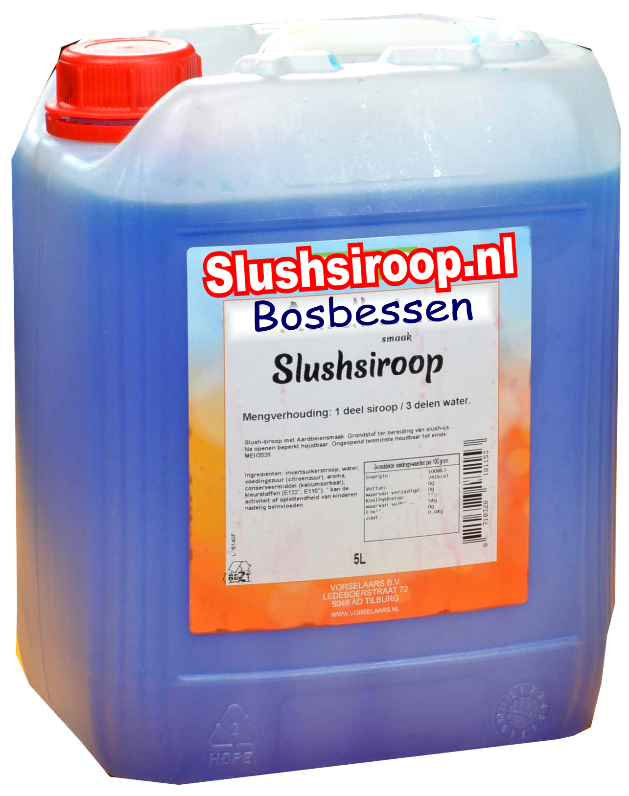 D-Slushsiroop BOSBESSEN smaak - tank met 5 ltr - Vorselaars - Slushsiroop.nl - Een ijskoude lekkernij voor jong en oud.